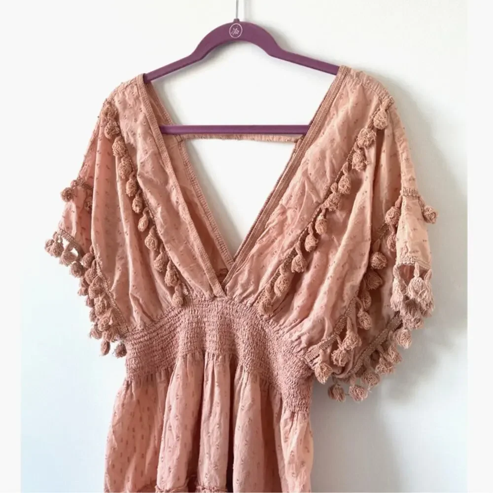Z&L Europe Blush Pink Plunge Neck Tassel Mini Dress Cover Up Size L
